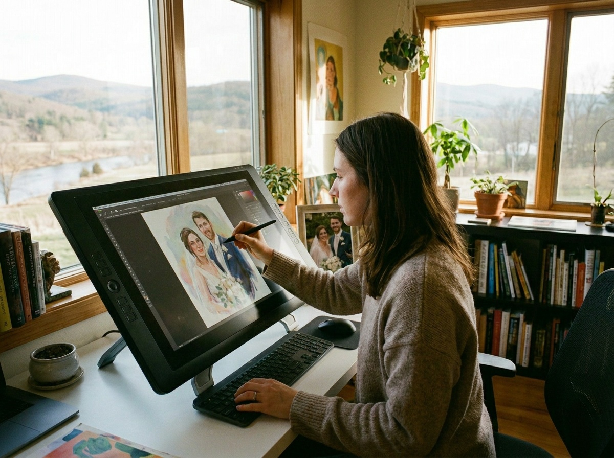 Artist refining a painted digital portrait