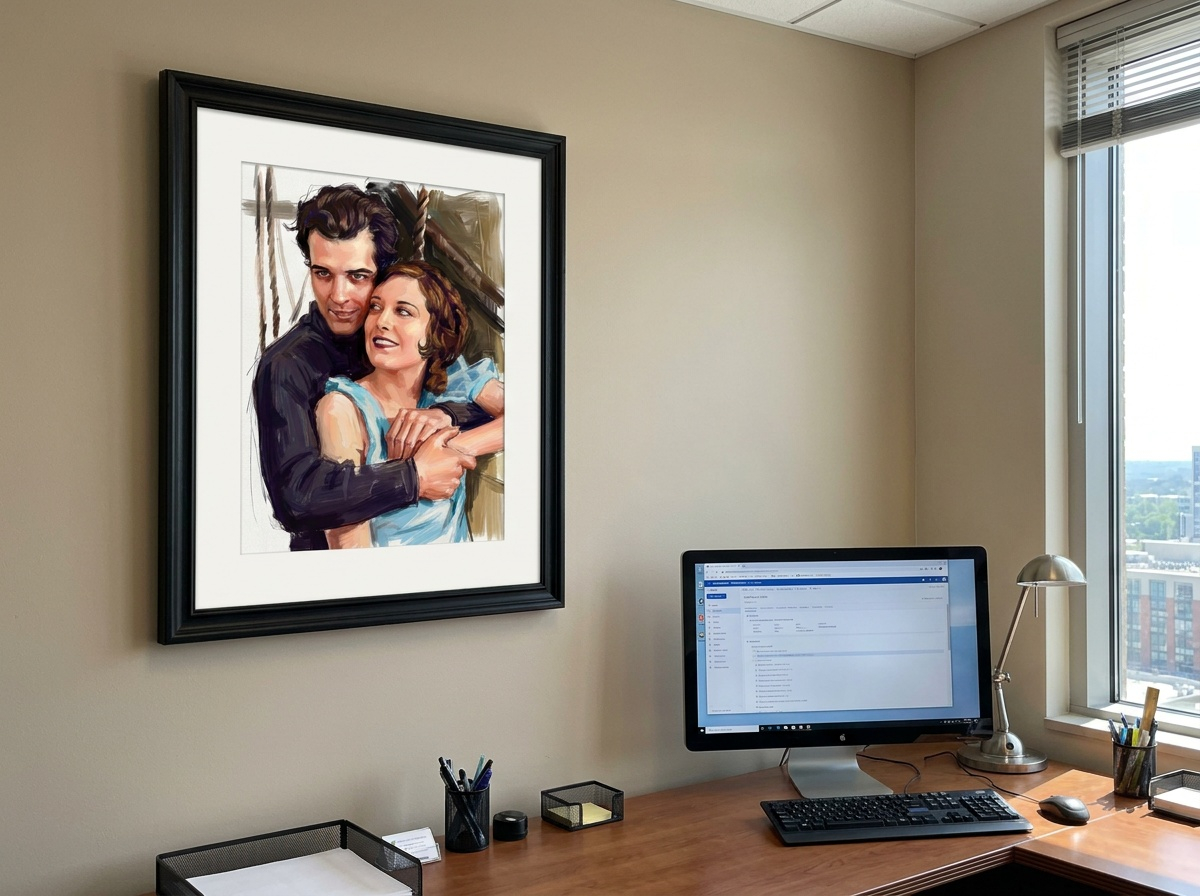 Framed two-person painted portrait example