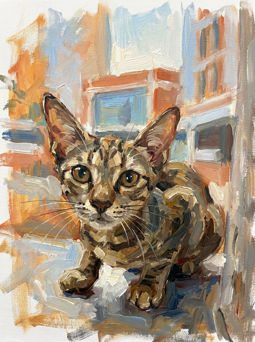 Painted digital portrait of a wide-eyed tabby kitten with bold brushstrokes and a city-inspired background