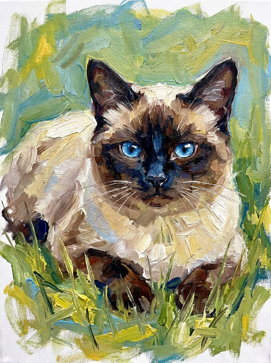 Painted digital portrait of a Siamese cat with blue eyes surrounded by green painterly brushwork