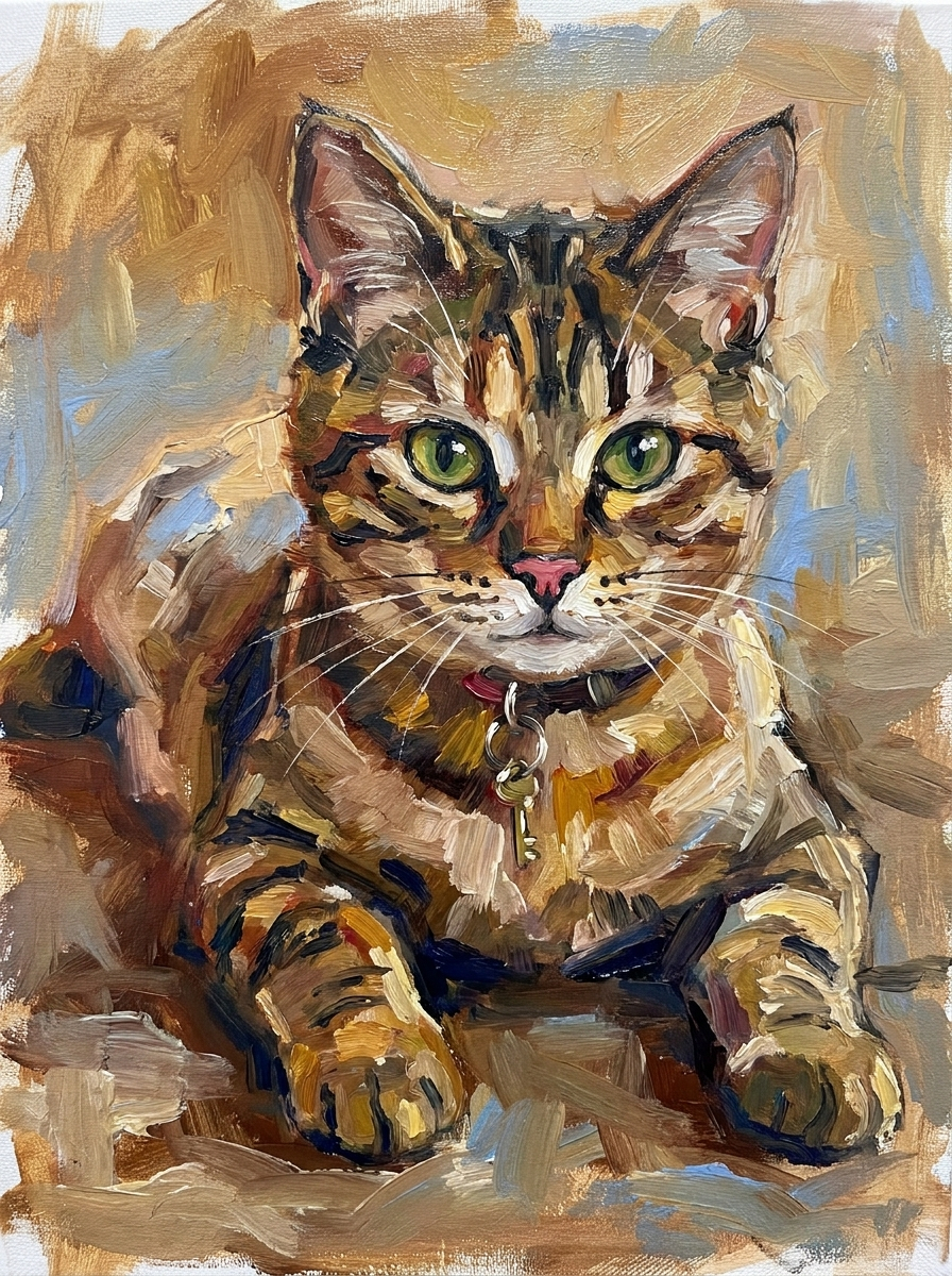 Close-up painted digital portrait of a tabby cat with textured brushwork and soft blue accents