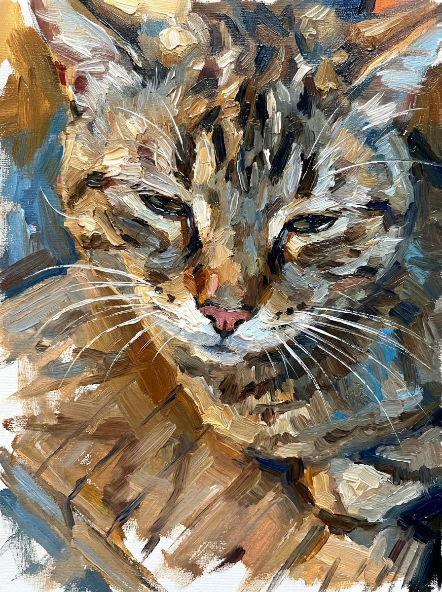 Painted digital portrait of a tabby cat close-up with textured fur and white whiskers