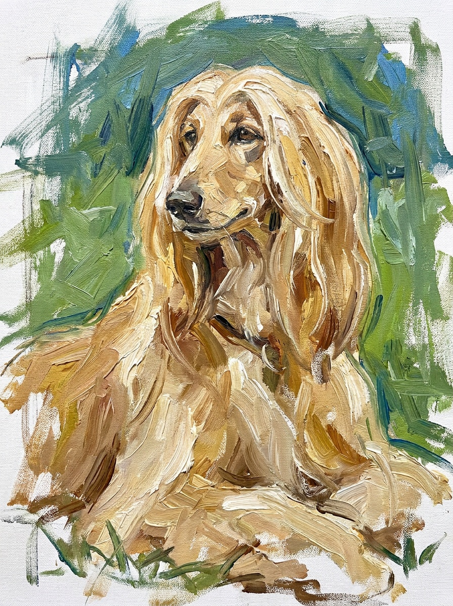 Painted digital portrait of a tan Shiba Inu standing in a confident pose with textured brushwork