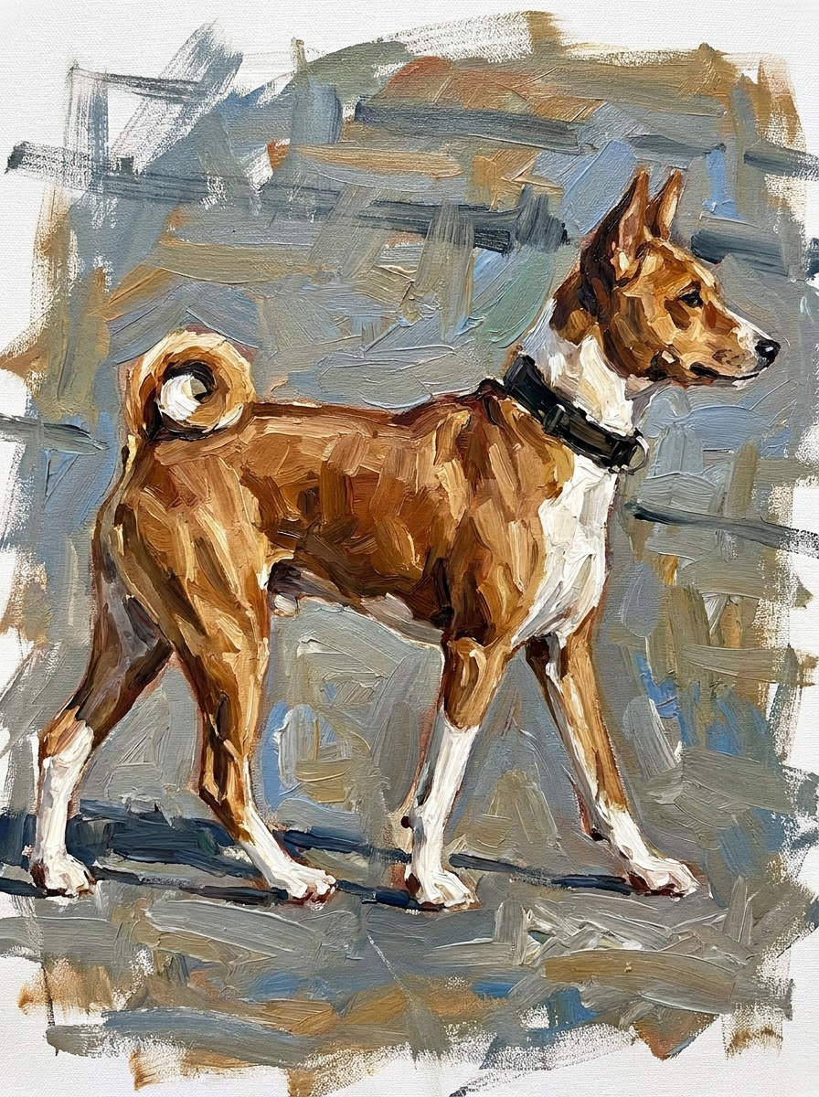 Painted digital portrait of a cheerful white fluffy dog with thick textured brushwork