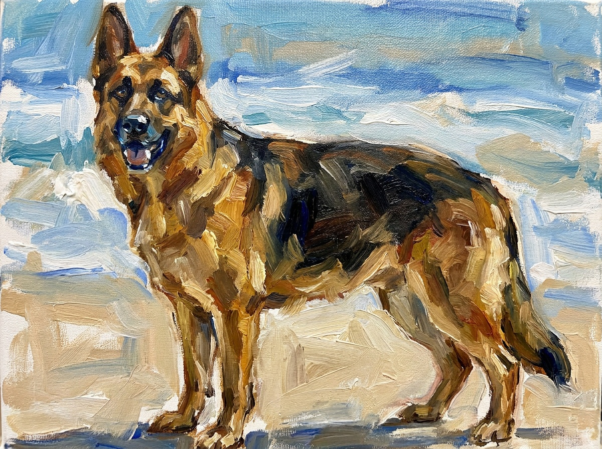 Painted digital portrait of a German shepherd standing by the ocean in horizontal format