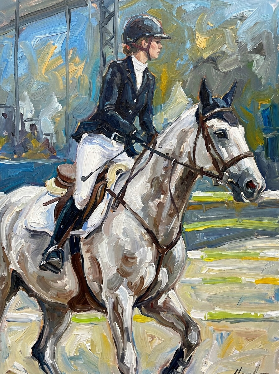 Painted digital portrait of a gray show jumping horse with rider in blue and white arena brushwork