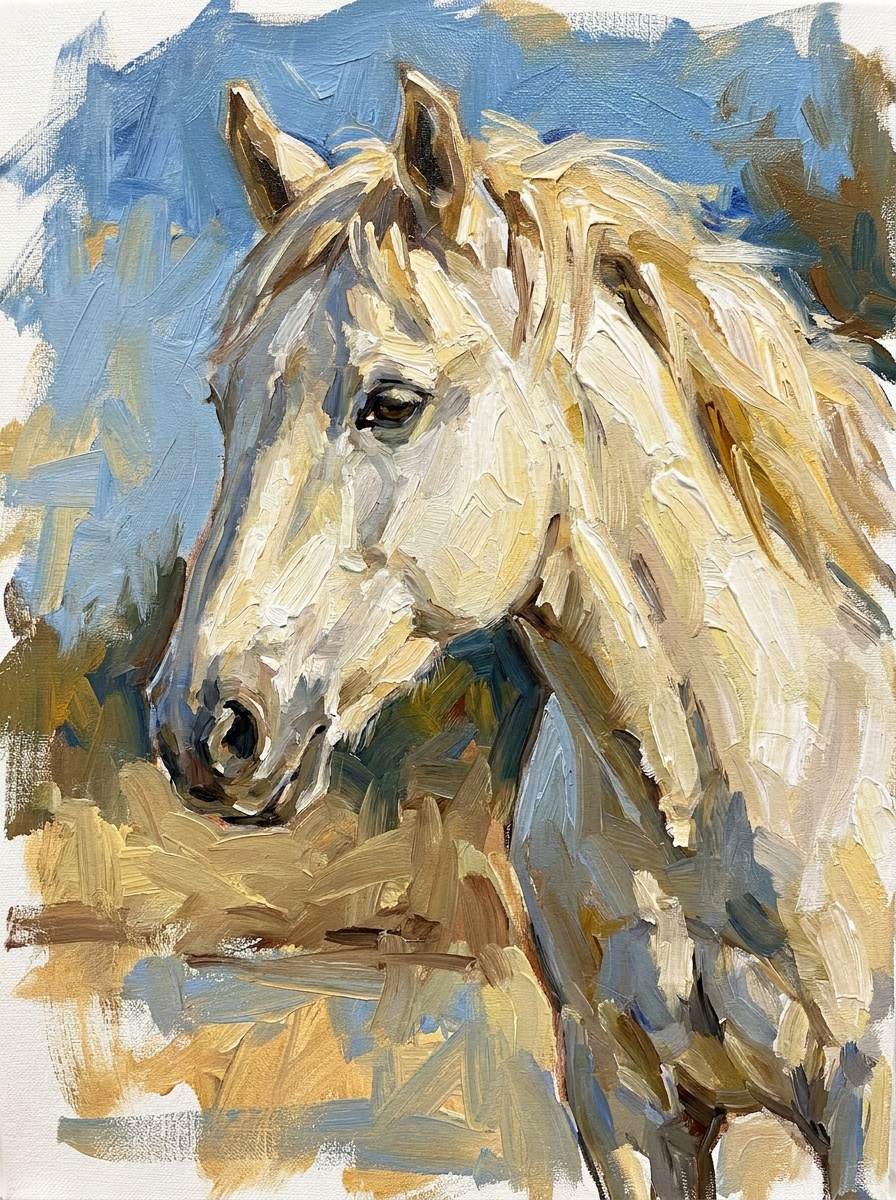 Painted digital portrait of a white horse with flowing mane against soft blue and tan brushwork